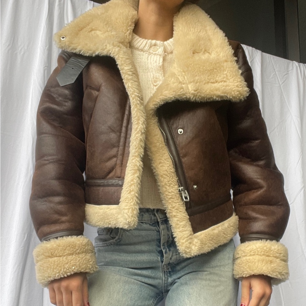 Zara brown leather sherling aviator coat